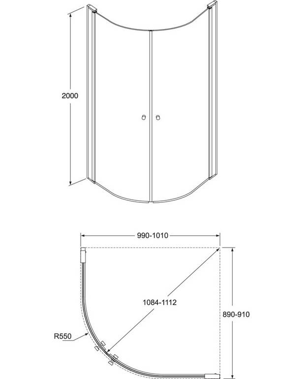 Round shower door set - Pre-fitted door profiles for quick and simple installation
Doors reversible for right/left-hand installation
Polished profiles and door handles
