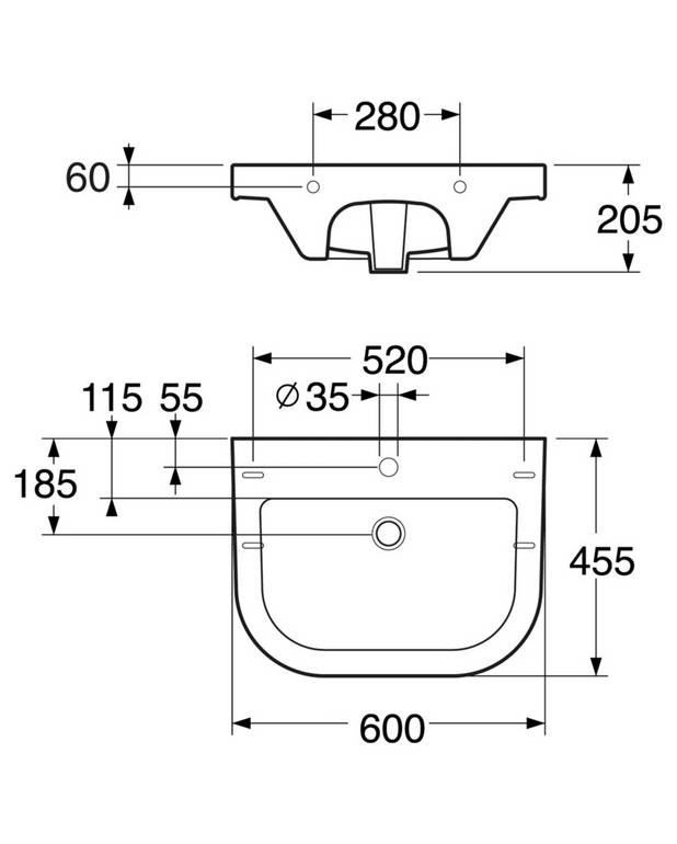 Vannas istabas izlietne 860-2 - montējama ar skrūvēm/kronšteiniem 60 cm - Īpaša dizaina cauruļu konsoles
Uzstādīšanai ar skrūvēm vai kronšteiniem