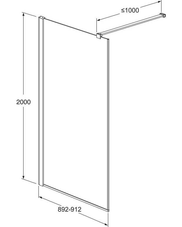 Square Duschvägg - Fast vägg, kan kombineras med Square duschdörr
Vändbar för höger/vänstermontage
Blankpolerade profiler och väggstag