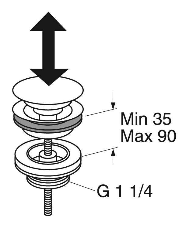 Pushdown ventil - För tvättställ med bräddavlopp
Mått på tvättställ: min 35 mm, max 90 mm