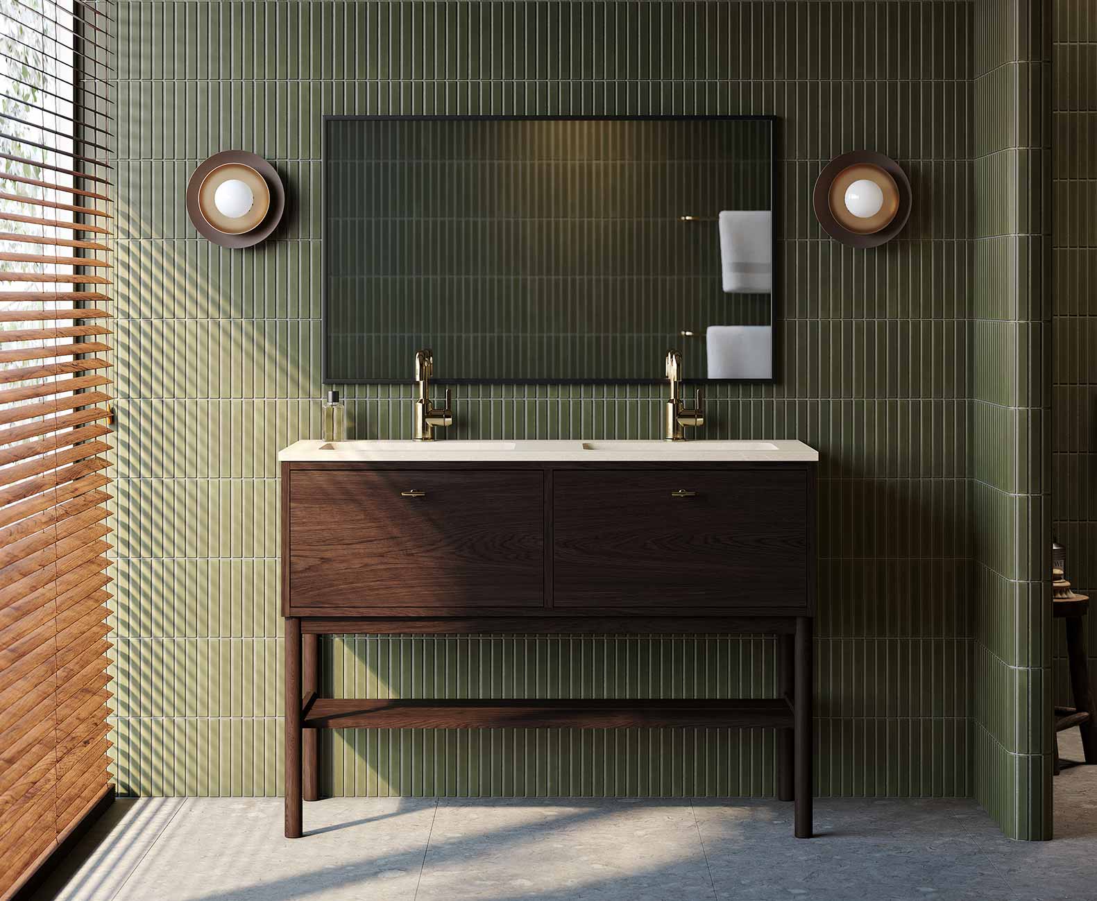 Ducentic badrumsmöbel i mörk ek, dubbla mässingsblandare - placerad i ett grönkaklat badrum