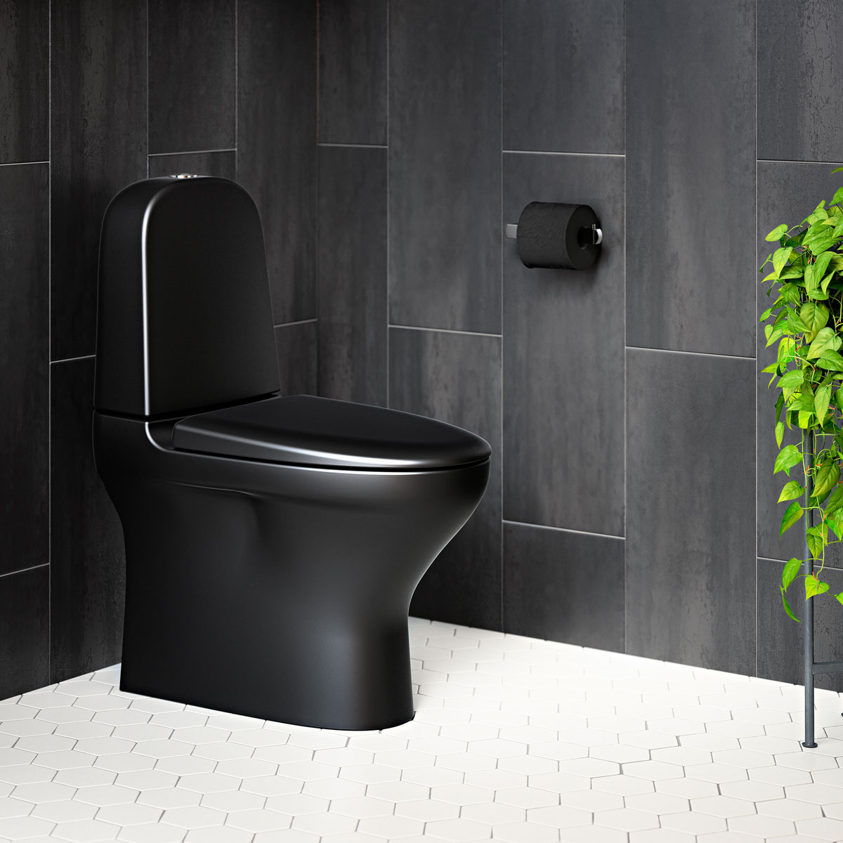 Et svart toalett er plassert inntil en mørk flislagt vegg, med en toalettpapirholder og en grønn plante i nærheten.