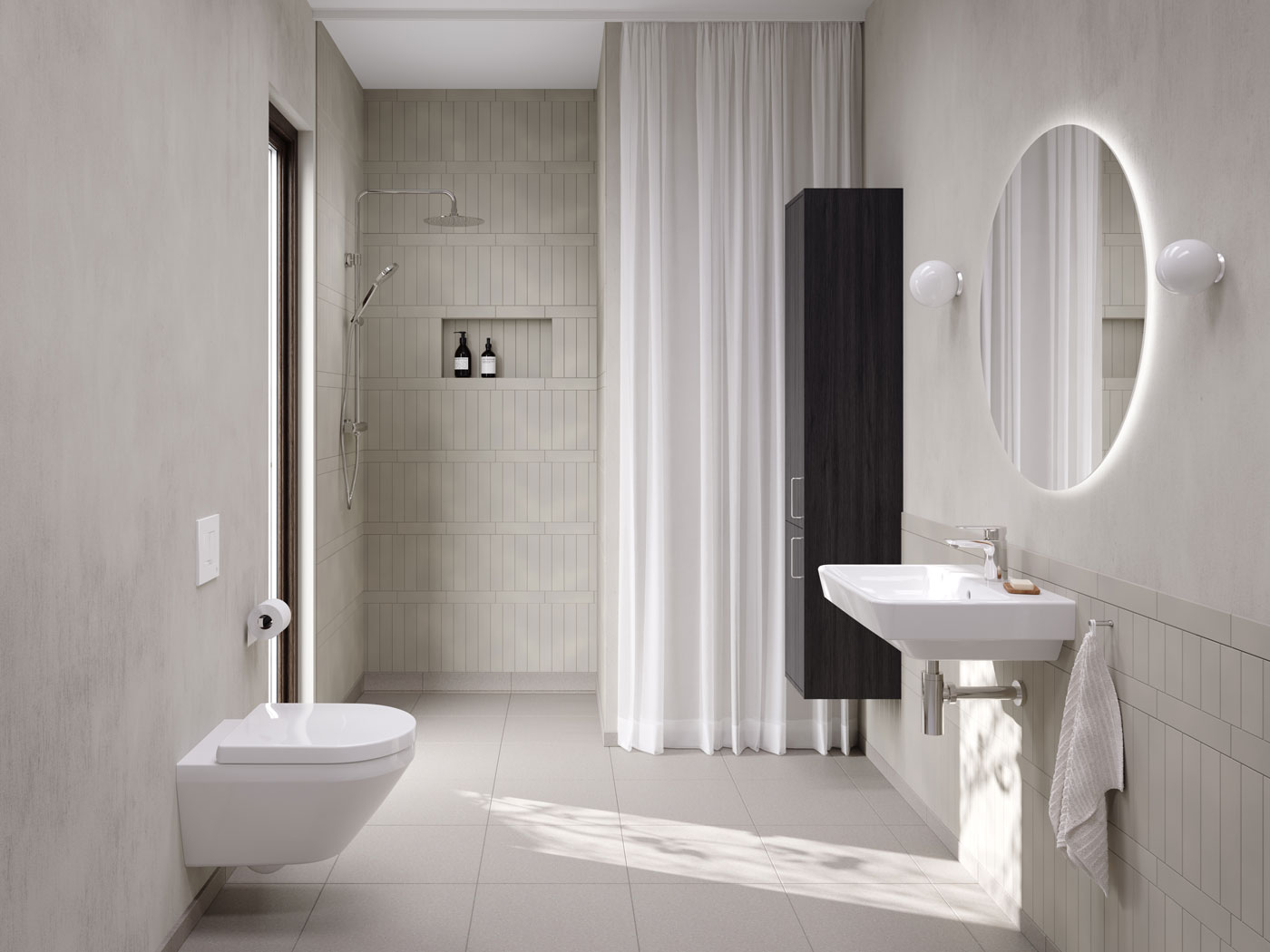 Grått badrum med Graphic vägghängd WC och ett Atlantic tvättställ.