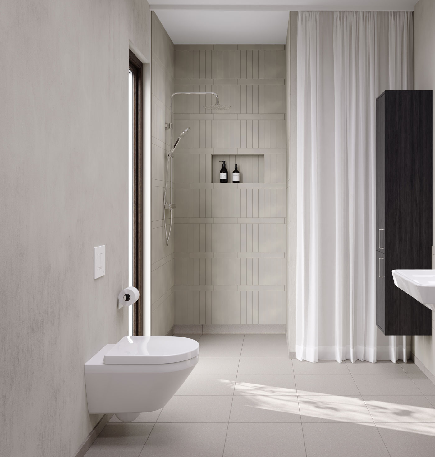 Vit vägghängd toalett i ett beige badrum.