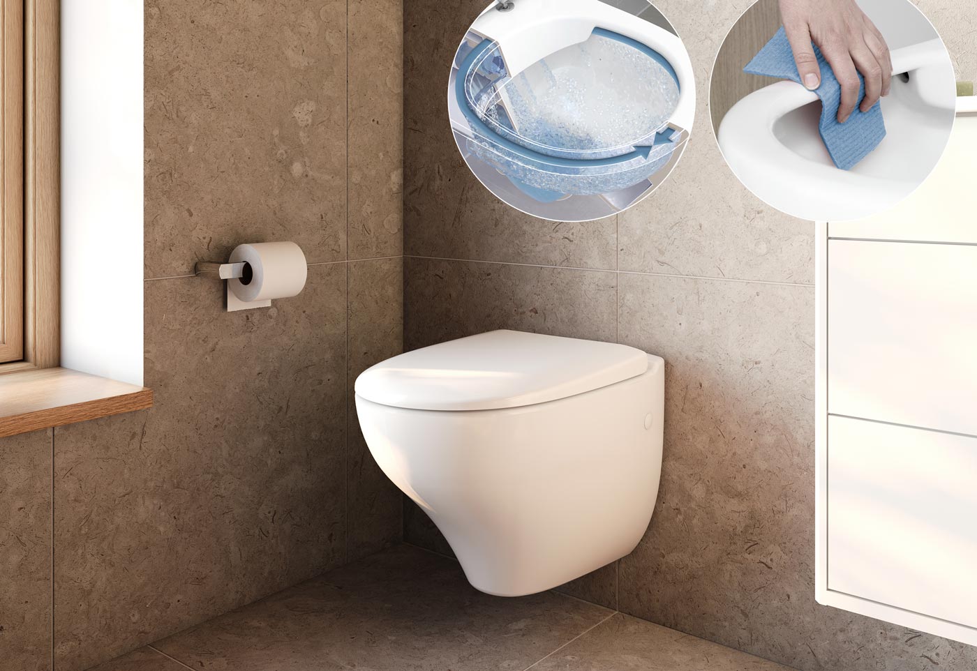 Et væghængt toilet i et flisebelagt badeværelse med indbyggede billeder, der viser dets funktion og nemme rengøring.