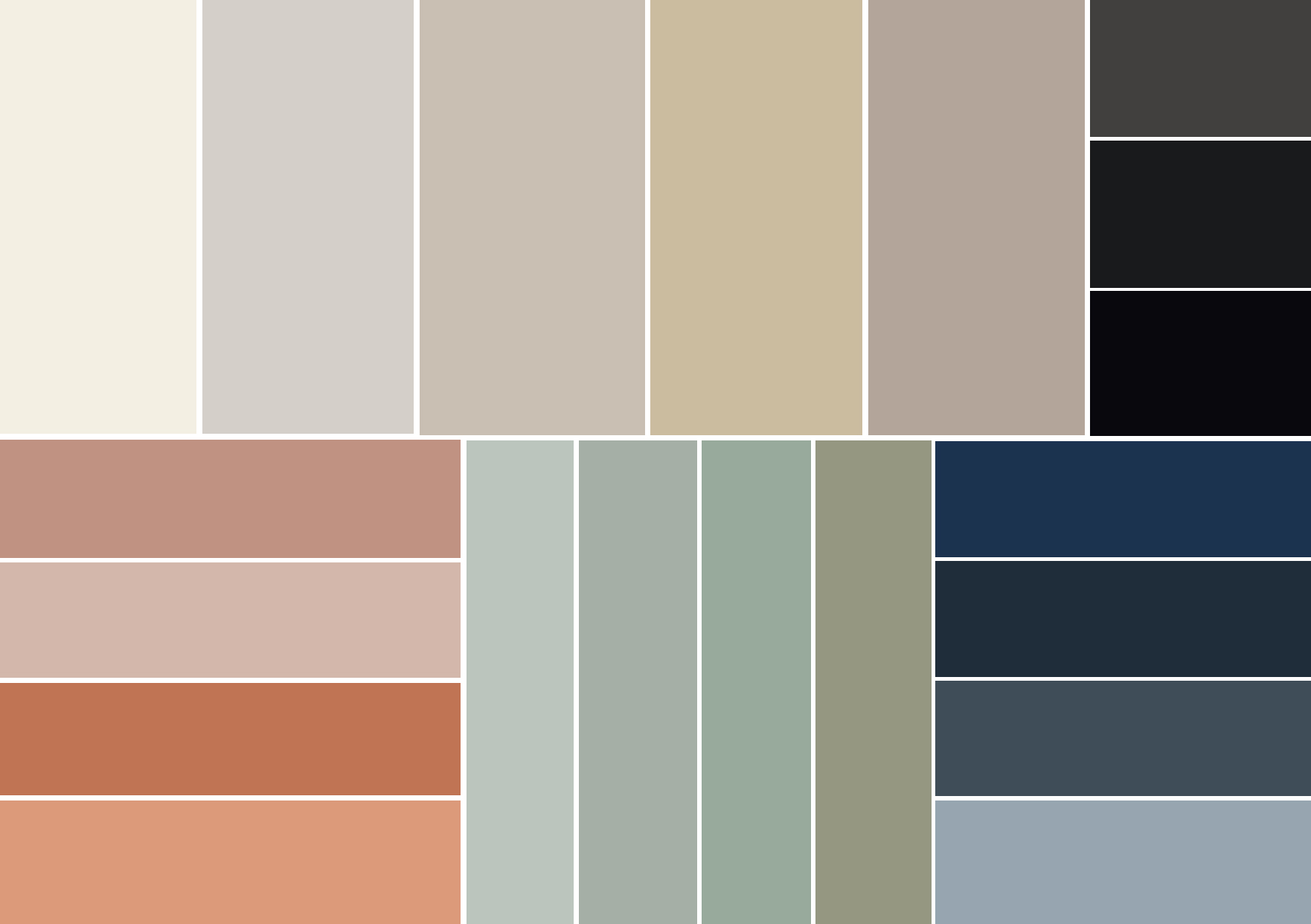 Färgpalett i beige, terracotta, sage grön, djupblå och svart.