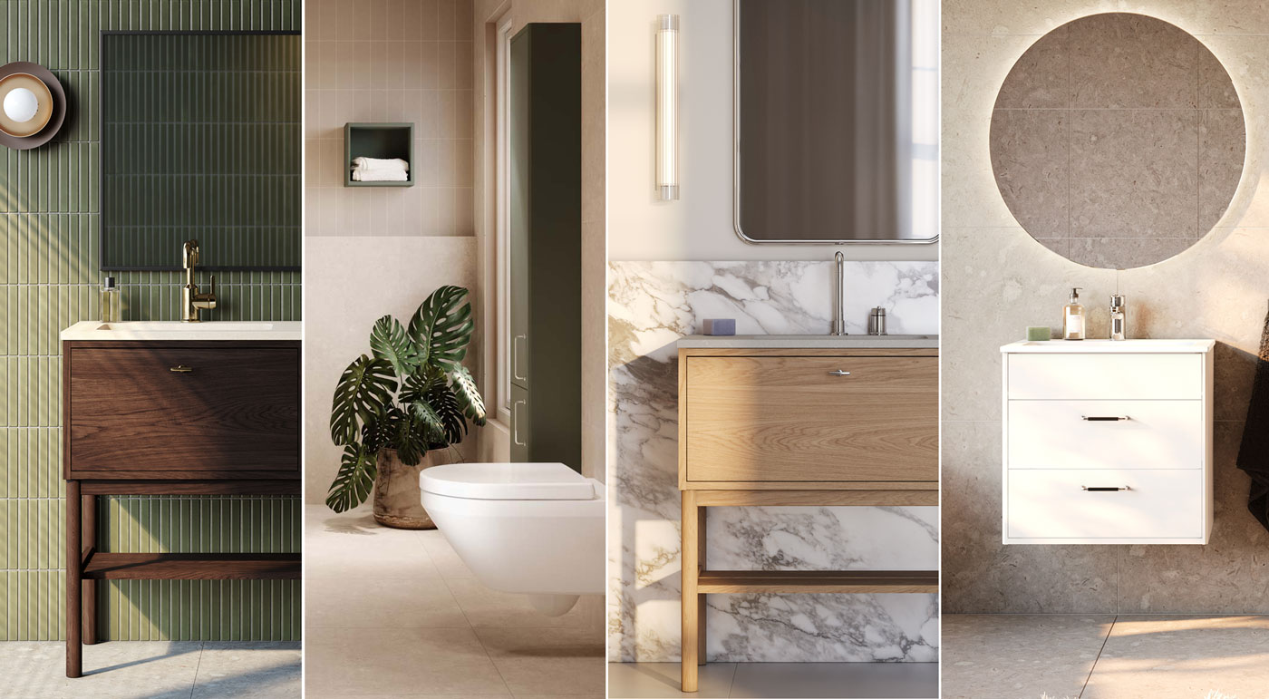 Collage av bilder inspirerat av badrumstrender 2026