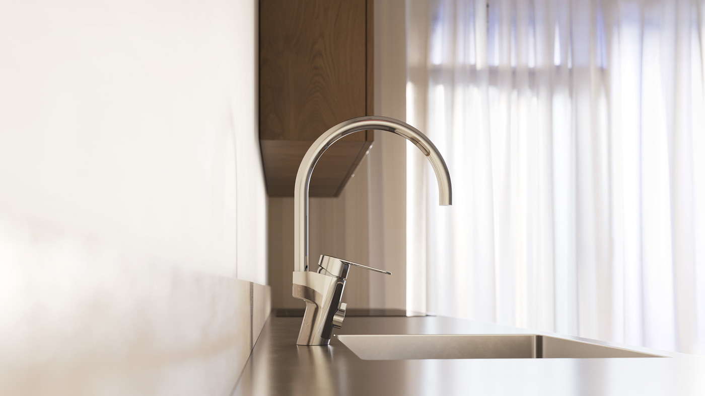 Närbild på en modern köksdiskbänk med en hög köksblandare i krom och naturligt ljus som kommer in genom tunna gardiner i bakgrunden.