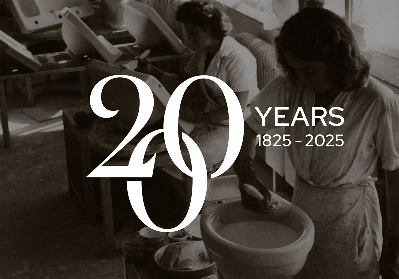 Gustavsberg's 200th anniversary symbol. In the background, a historical image of women working on toilets in an old factory.